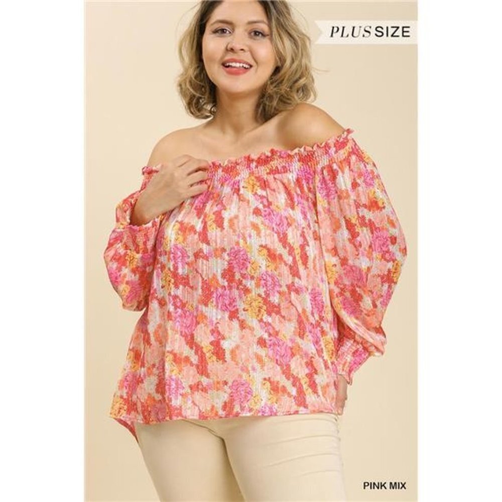Sheer Floral Print Metallic Threading Long Sleeve Off Shoulder Top High Low Hem